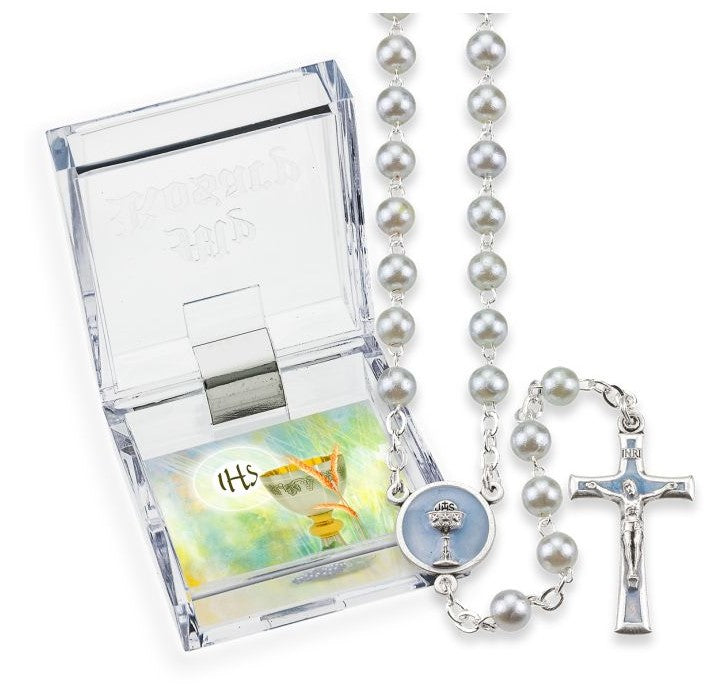 5mm Blue Pearlized Glass Bead First Communion Rosary, Boxed