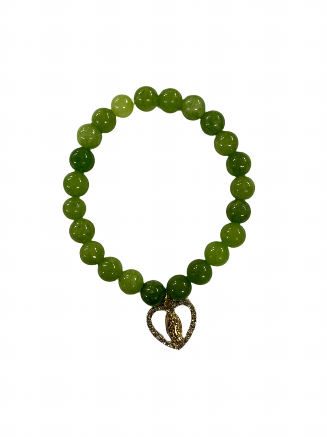 8MM Peridot Bracelet with Our Lady of Guadalupe Heart Charm