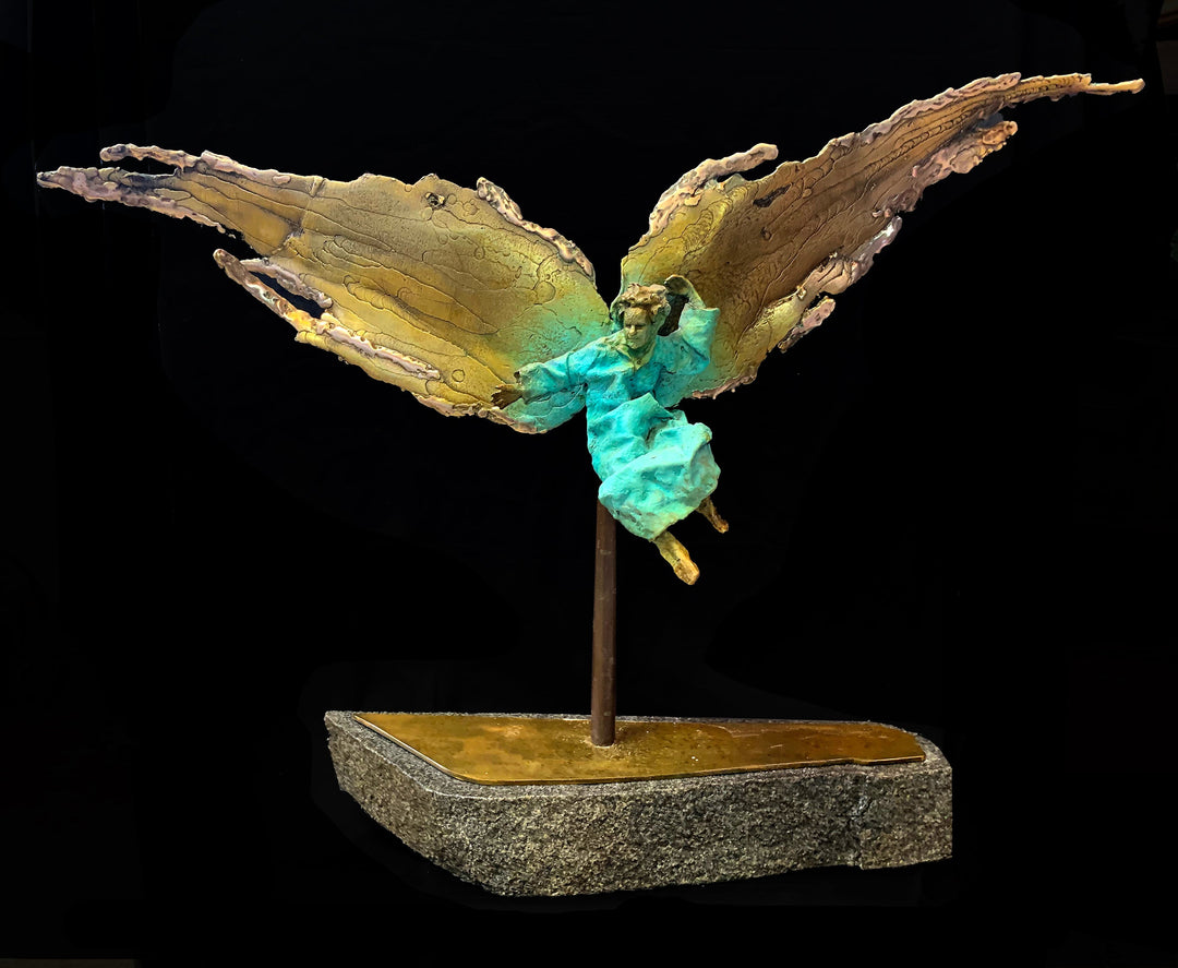 25" x 24" Bronze & Silver Angel Statue on Granite Base