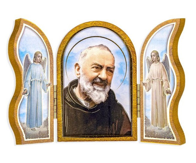 3.5" Padre Pio Standing Natural Wood Triptych