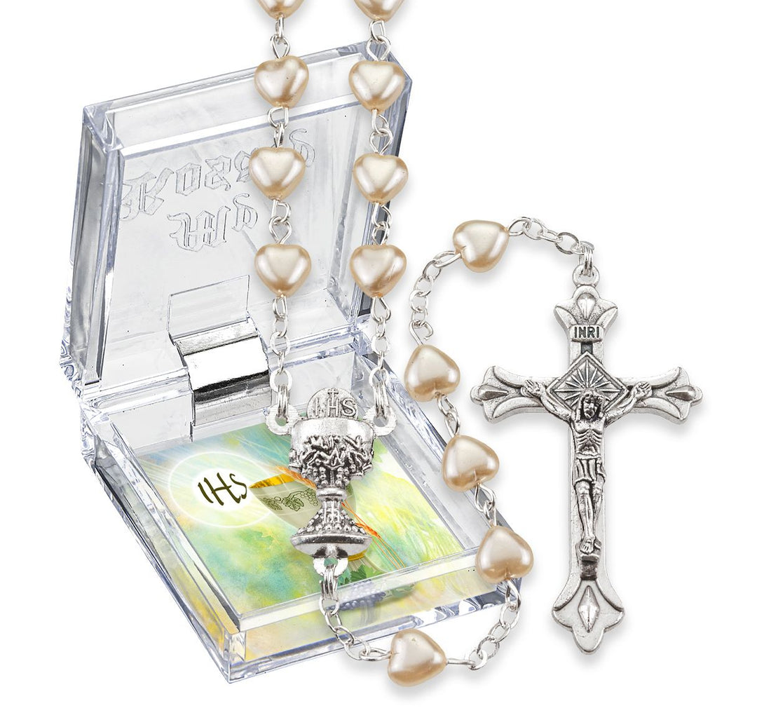 5mm Heart Shaped Cream Pearlized Glass Bead Rosary