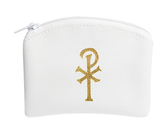 White Calf Grained Vinyl Chi-Rho Rosary Case