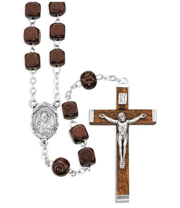 8mm Brown Square Wood Bead Rosary with Carved Pater Beads