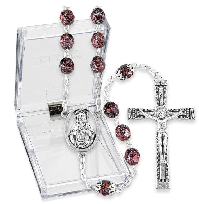 7mm Garnet and Black Metallic Glass Fire Polished Bead Rosary