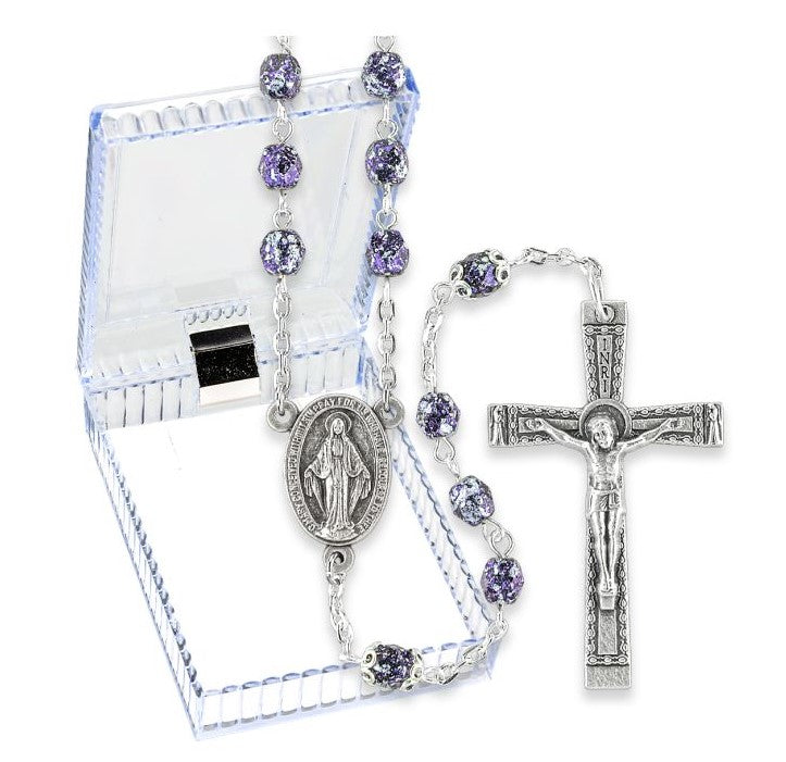 5mm Violet and Silver Granite Glass Bead Rosary