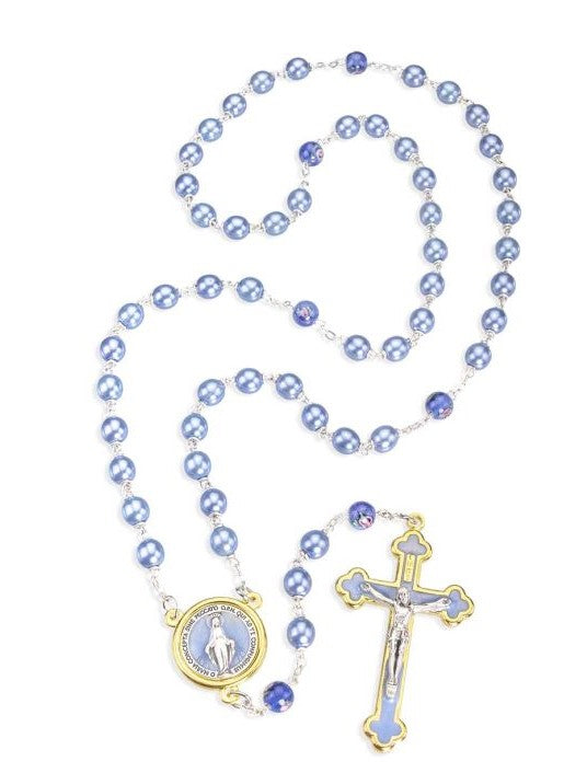 8mm Lt Blue Pearl Bead Rosary with Two Tone Miraculous Centerpiece and Crucifix