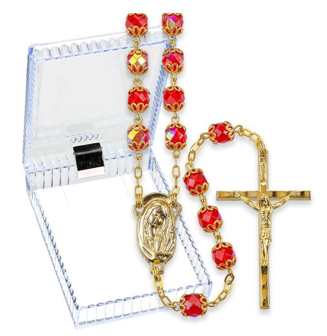 7mm Ruby Glass Bead Gold Tone Rosary