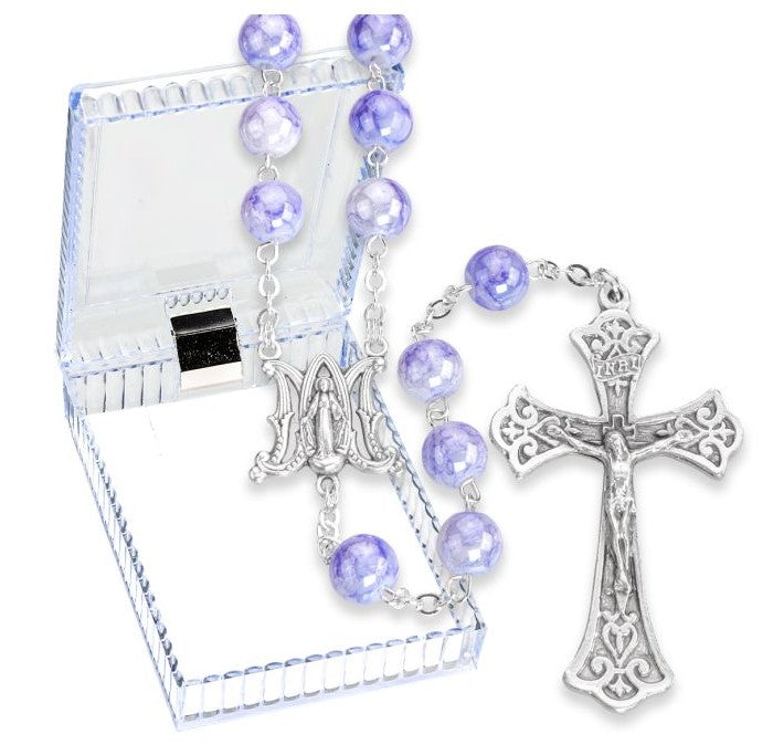 8mm Blue Marbleized Glass Bead Rosary