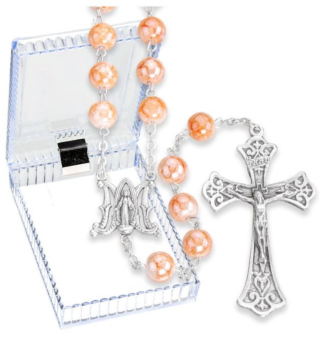 8mm Coral Marbleized Glass Bead Rosary