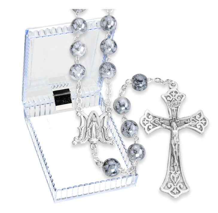 8mm Grey Marbleized Glass Bead Rosary, Boxed