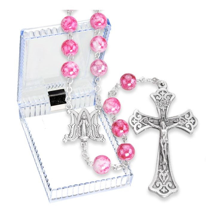 8mm Pink Marbleized Glass Bead Rosary, Boxed