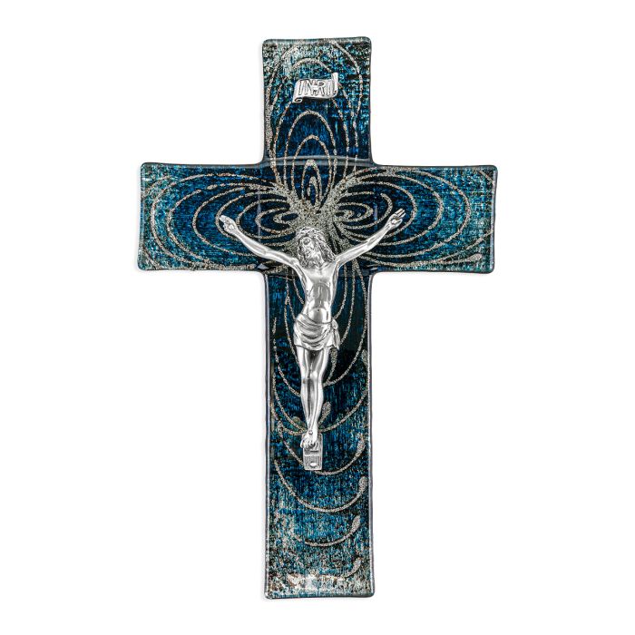 10" Blue and Silver Looped Pattern on Glass Cross with Pewter Finish Corpus