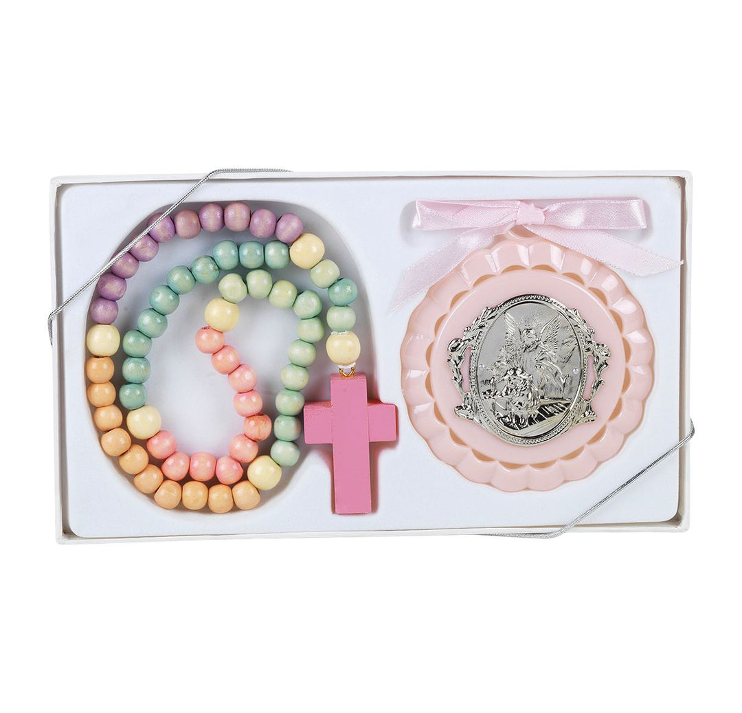Pink Guardian Angel Crib Medal & Pastel Color Wood Rosary Set