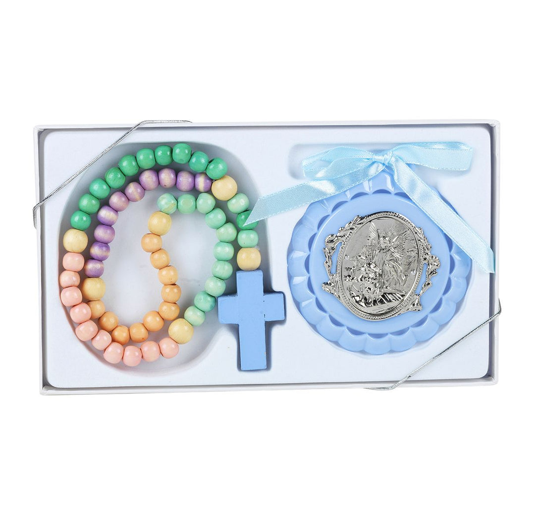 Blue Guardian Angel Crib Medal & Pastel Color Wood Rosary Set