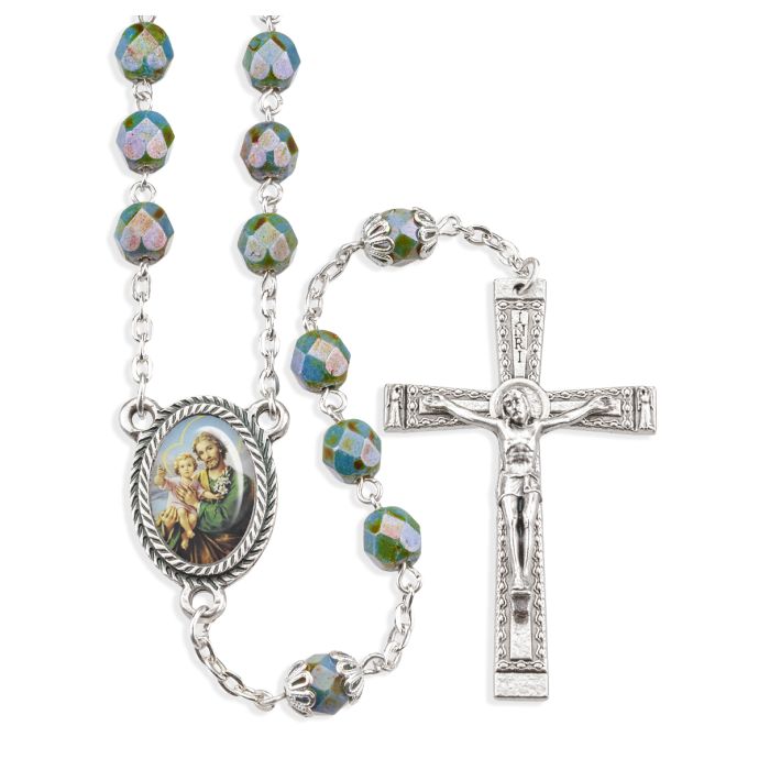 St. Joseph Light Teal Alabaster Bead Rosary