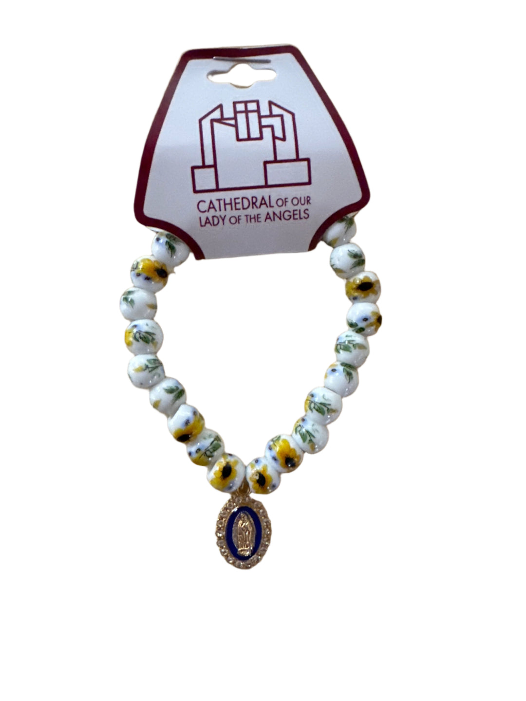8MM Sunflower Glass Bead Bracelet with Gold-Plated Our Lady of Guadalupe Charm