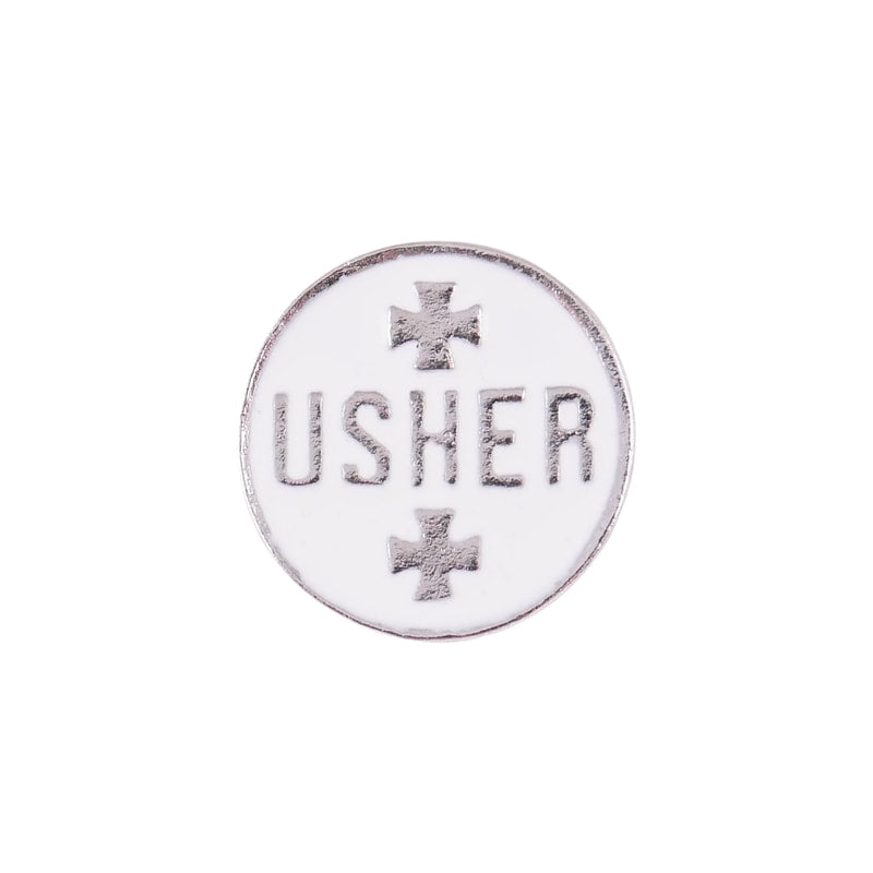 Silver Plate & White Enameled Usher Lapel Pin