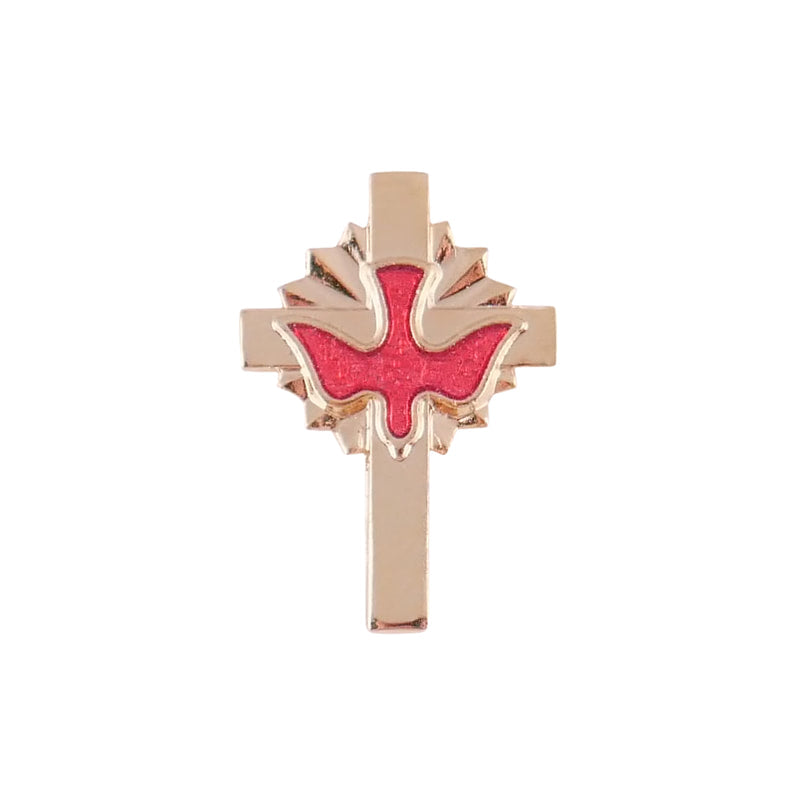 Gold Plated Cross with Red Dove Lapel Pin