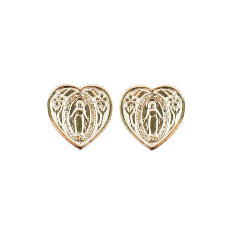 Gold Plate Miraculous Medal Heart Earrings
