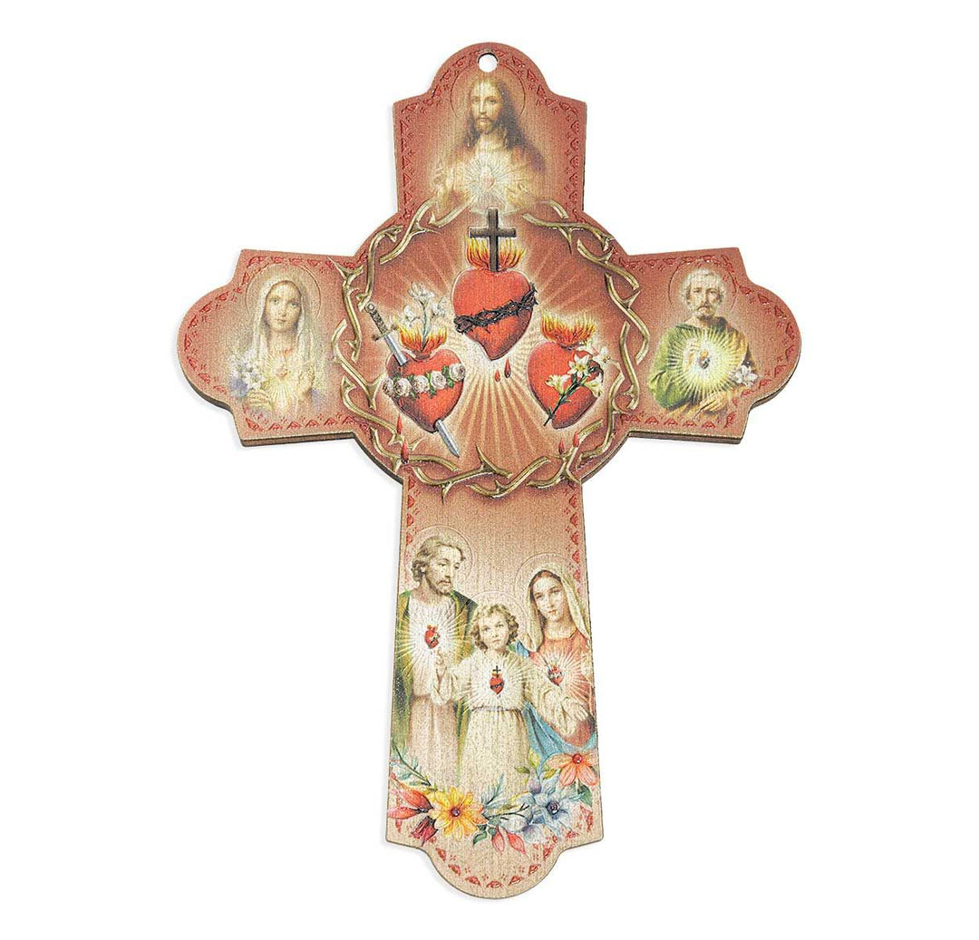 6" JMJ Holy Family Hearts Wooden Wall Cross