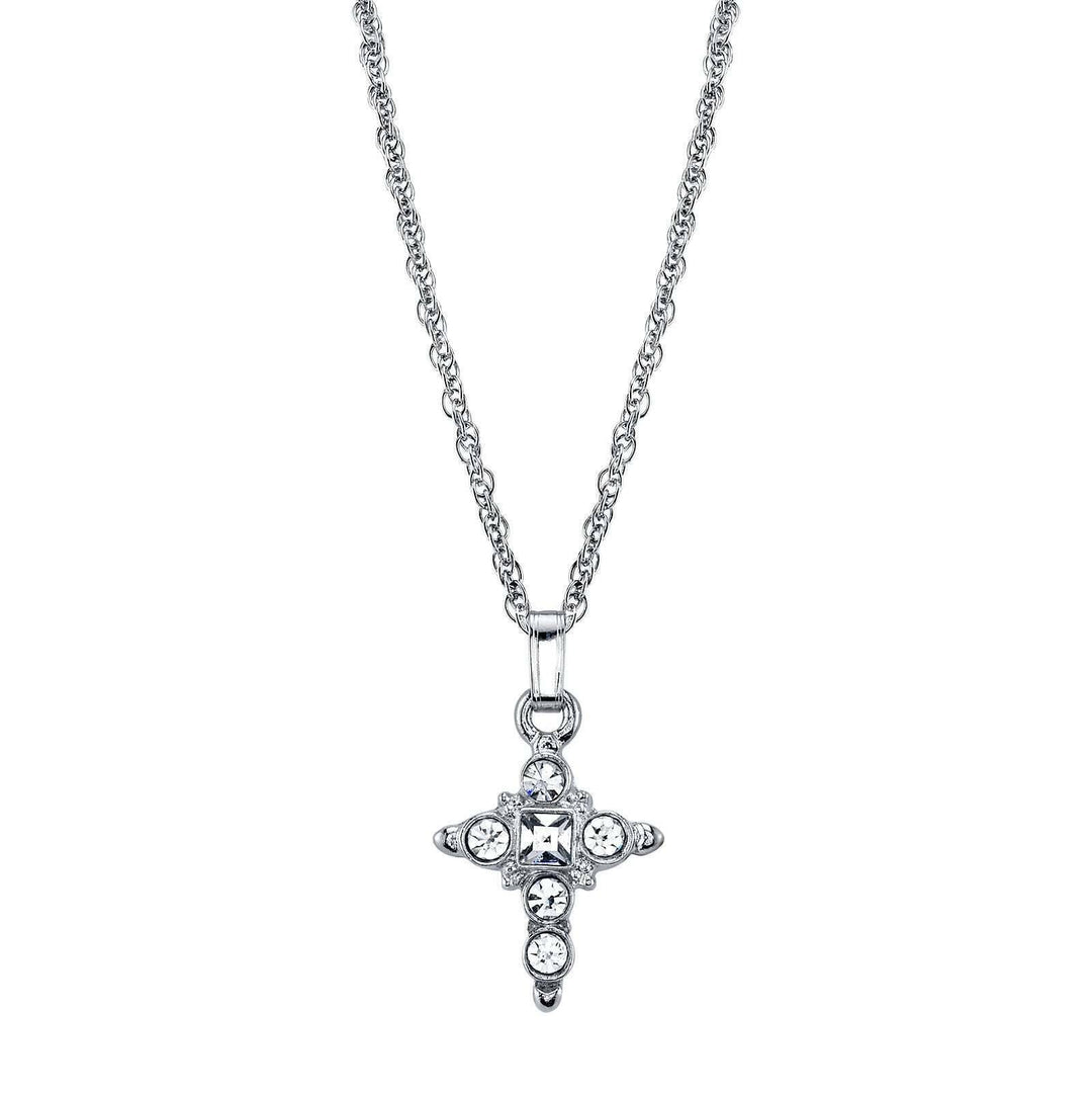 1928 Spiritual Clear Crystal Cross Pendant Necklace 16" + 3" Extender