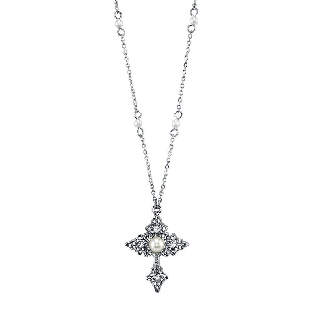 1928 Spiritual Filigree Cross With Faux Pearl Crystal Accent Pendant Necklace 16" + 3" Extender