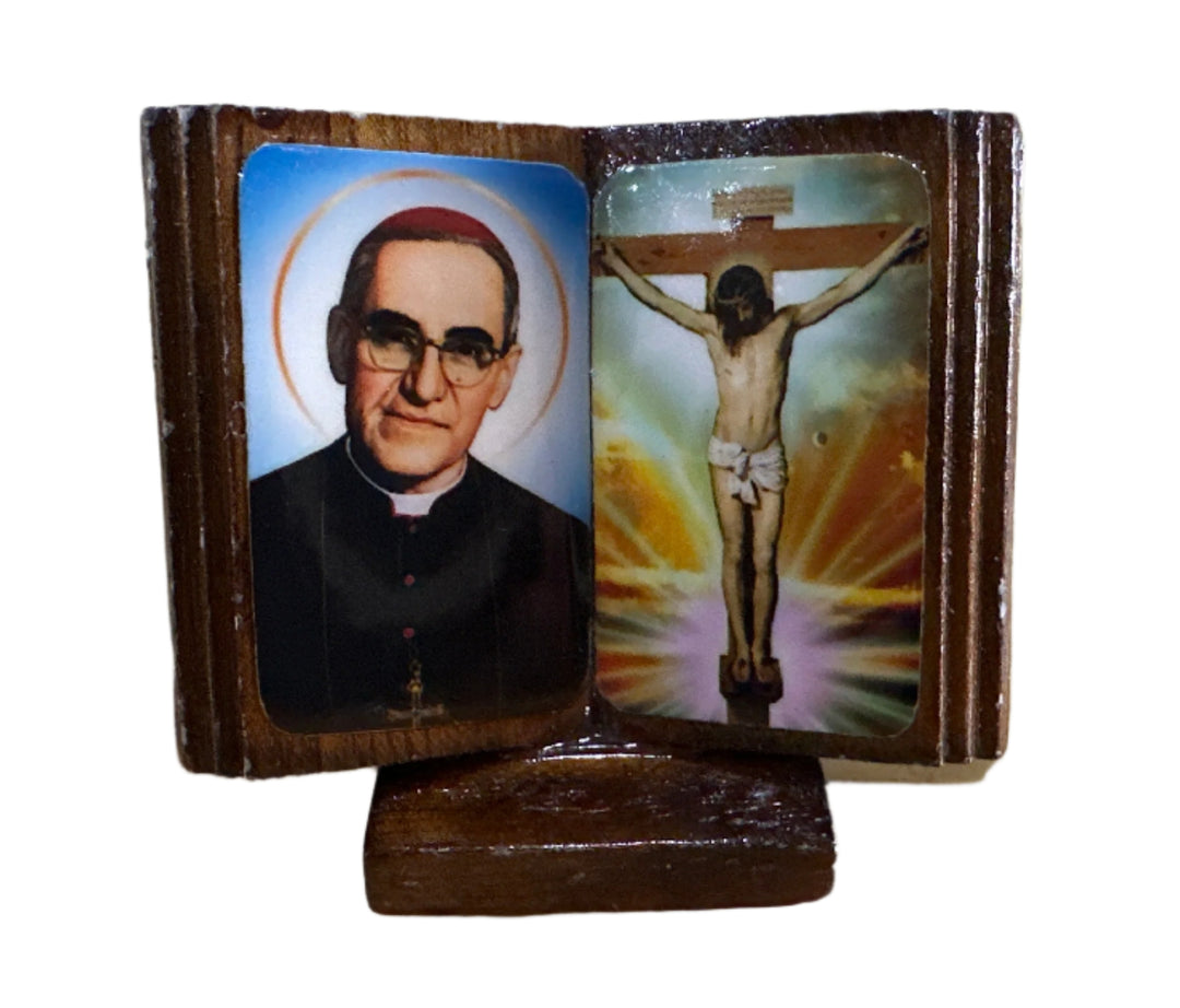 Small Wooden Book with Jesus on the Cross and Oscar Romero