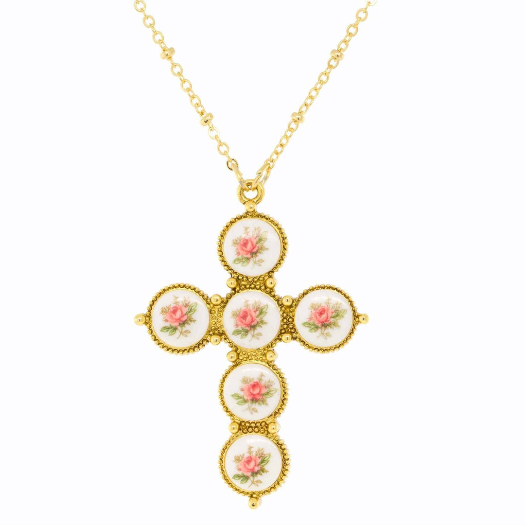 1928 Spiritual Pink Flower Decal Cross Pendant Necklace 30"