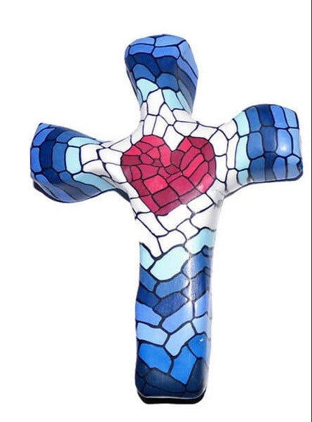 5.5" Mosaic Heart Hand Held Colorful Cross