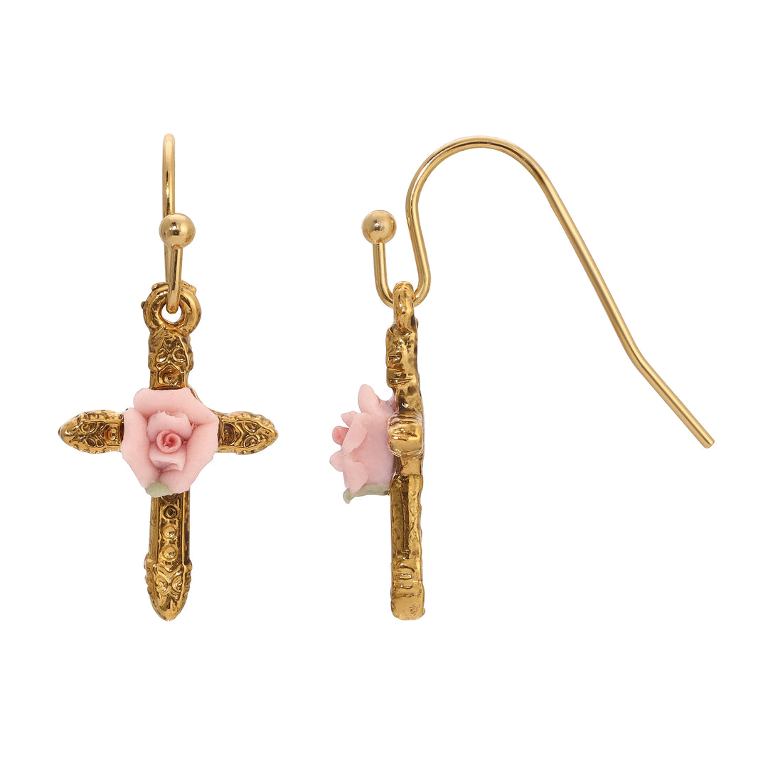 Cross & Pink Porcelain Rose Drop Earrings