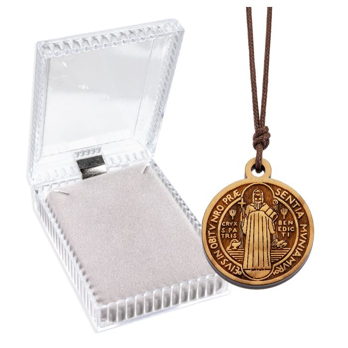 St. Benedict Olive Wood Laser Cut Medal on a 27" Cord