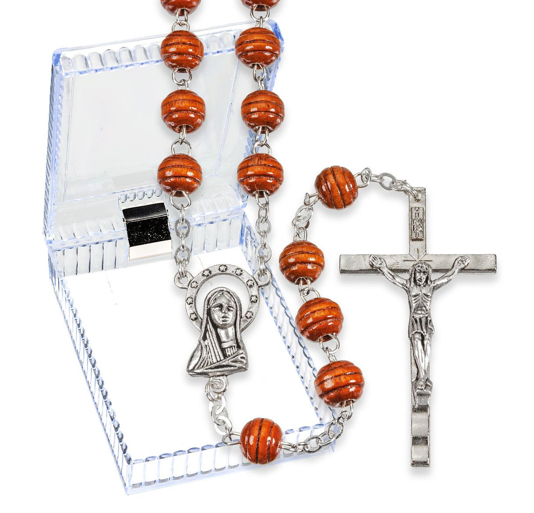 Brown Carved Wood Bead Rosary