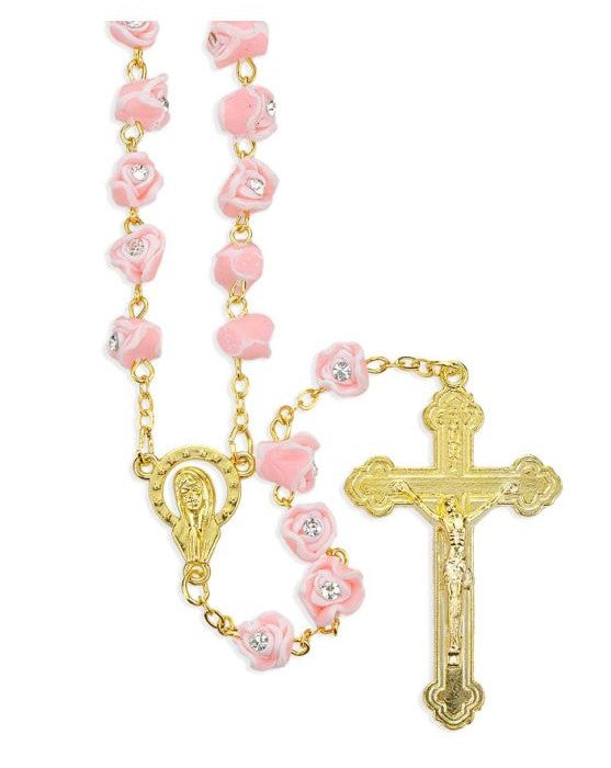 7mm Pink & White Rosebuds with Crystal Stones Bead Gold Plated Rosary