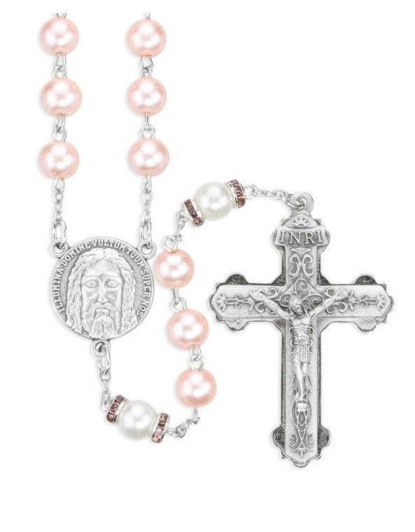 8mm Pink Glass Bead with Rhinestone Capped Our Father Bead Rosary
