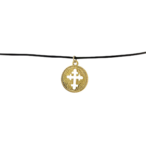 Symbols Of Faith Gold Budded Cross Pendant Black Satin Cord Necklace
