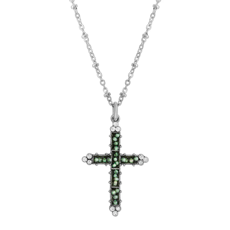 Glass Turquoise Seeded Bead Cross Pendant Necklace