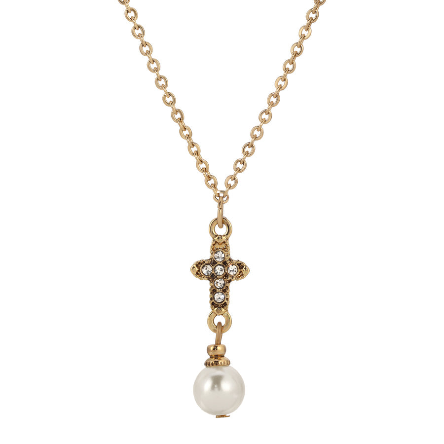 Crystal Cross Faux Pearl Elegance Pendant Necklace