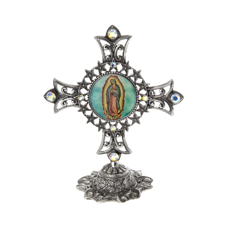 Our Lady of Guadalupe Aurora Borealis Crystal Cross Tabletop Stand