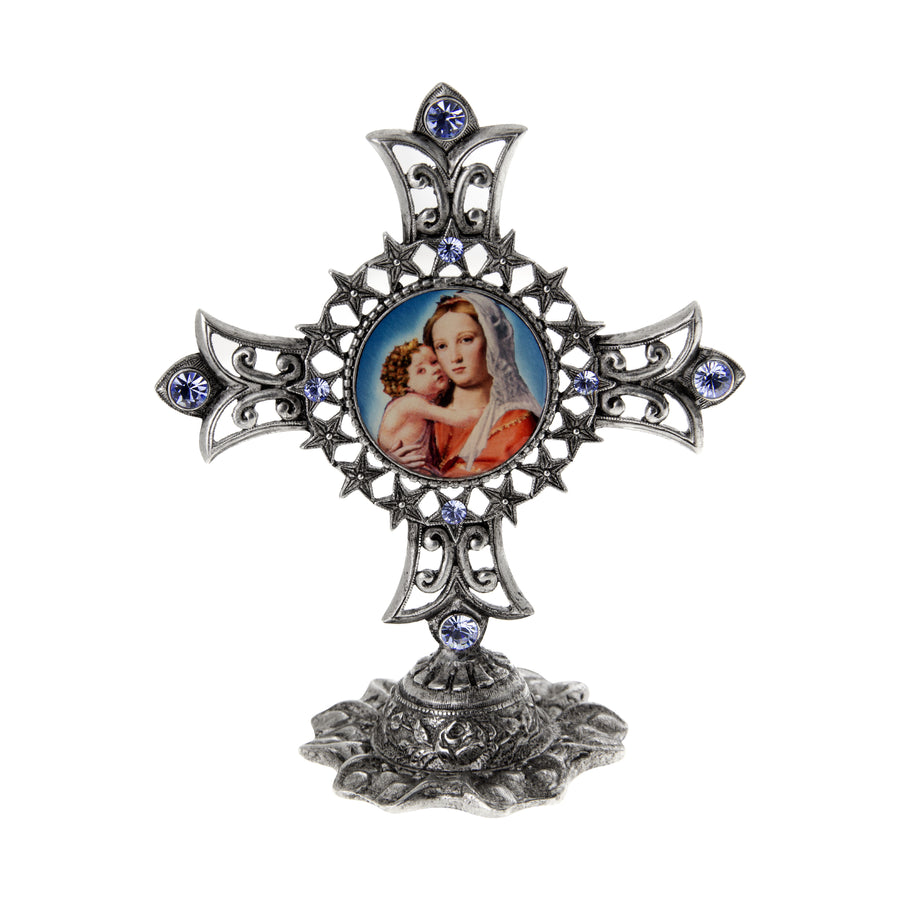 Mary and Child Light Sapphire Blue Crystal Cross Tabletop Stand
