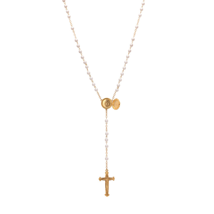 Symbols Of Faith Mary Locket & Crucifix Round White Glass Faux Pearl Rosary
