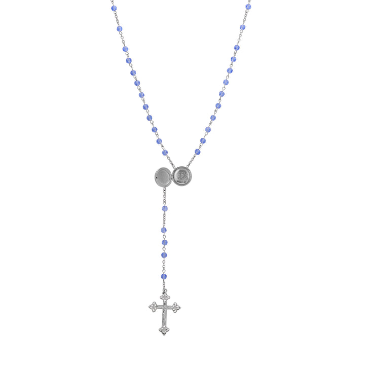 Symbols Of Faith Madonna and Child Round Locket Crucifix Light Sapphire Blue Rosary