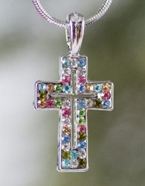 18" Open Cross Multi Color Crystal Necklace