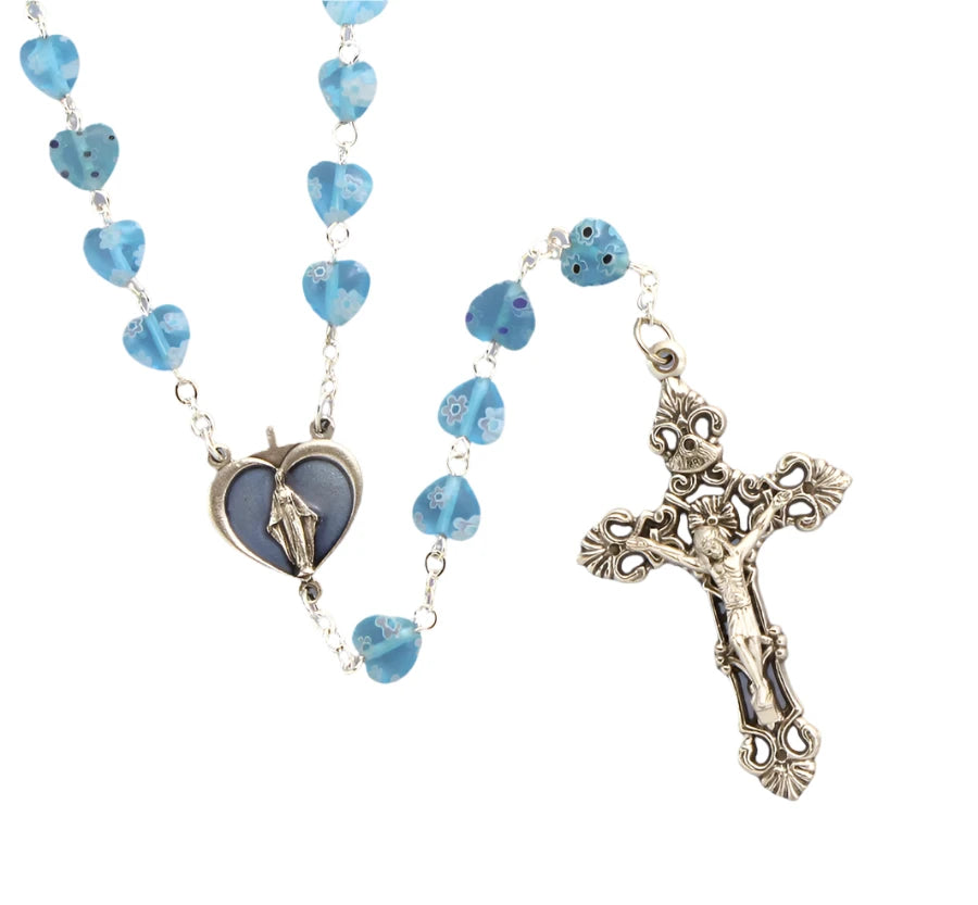 Murano-Styled Glass Heart Rosary - Aqua