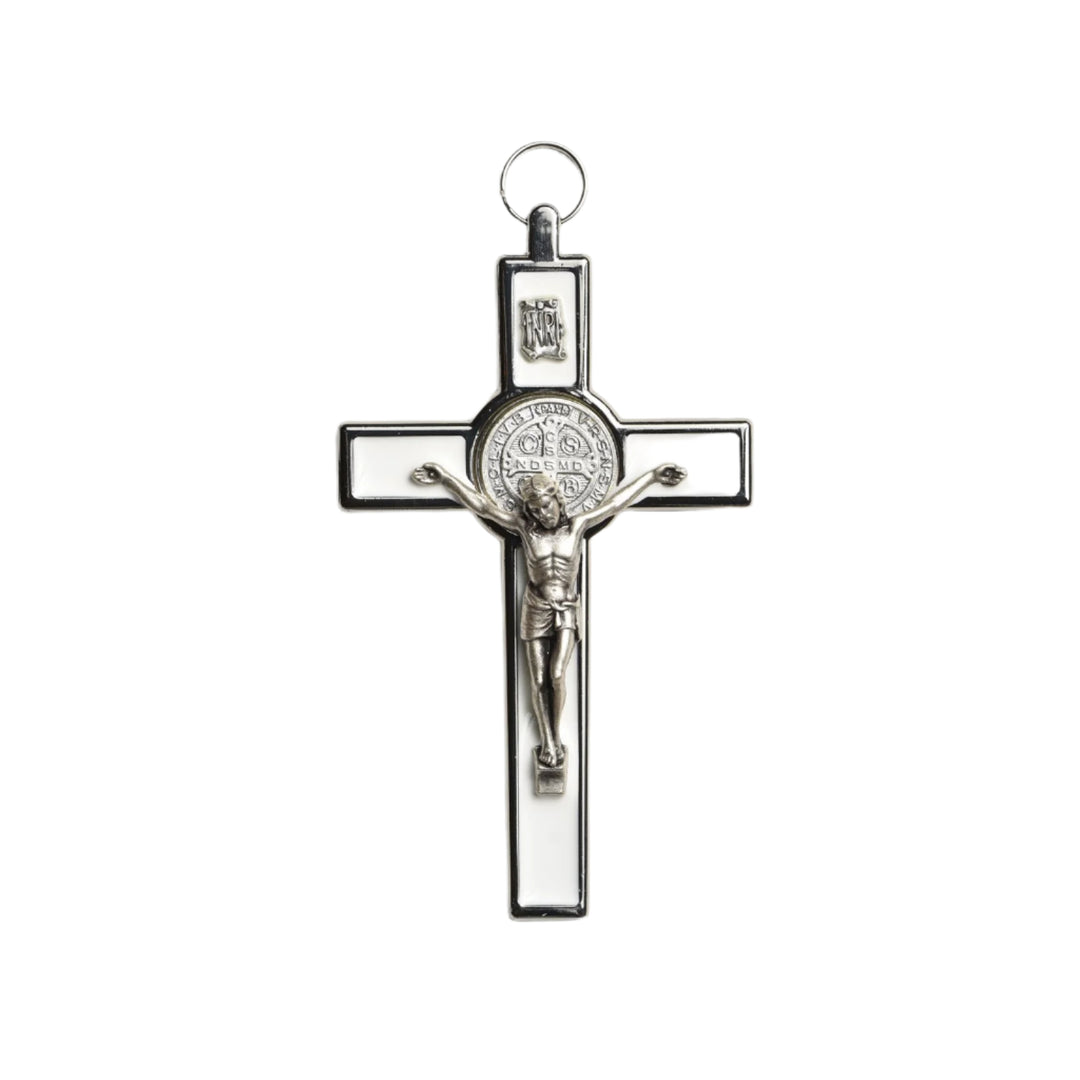 5" St. Benedict White Nickel Crucifix
