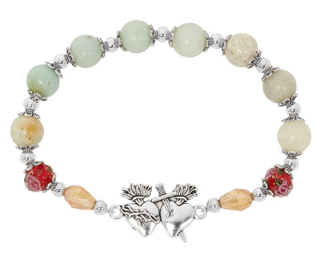 Silver Amazonite Twin Hearts Rosary Bracelet