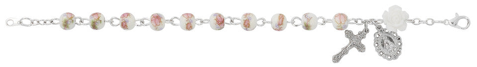 Pink Ceramic White Flower Rosary Bracelet