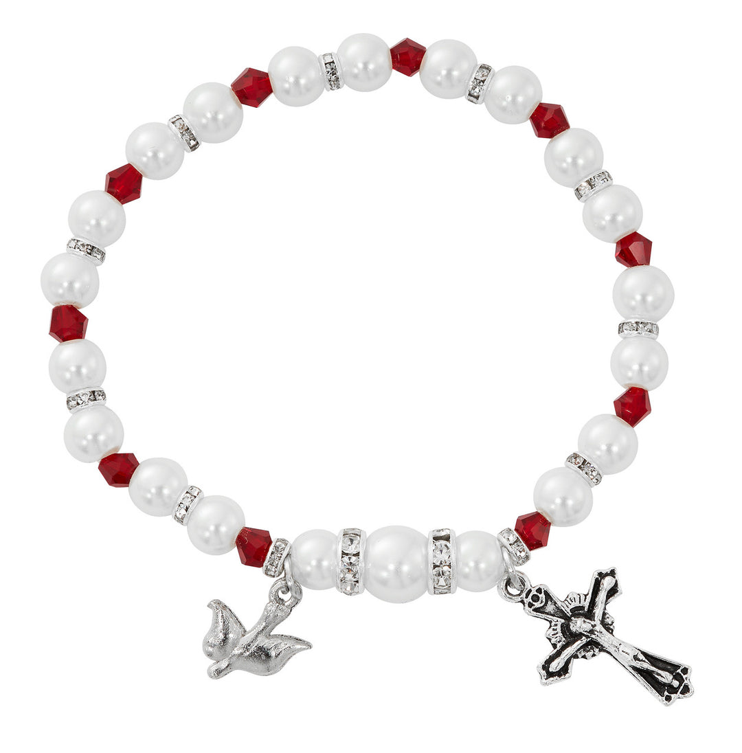 White Pearl & Garnet Crystal Stretch Rosary Bracelet