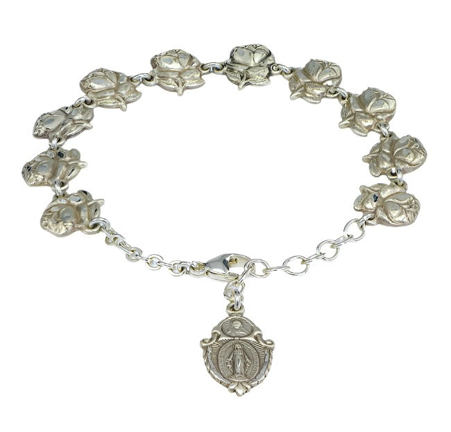 Rose Bud Beads with Saint Images Sterling Silver Bracelet