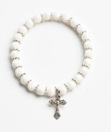 Stretch White Bracelet with Silver Flowers