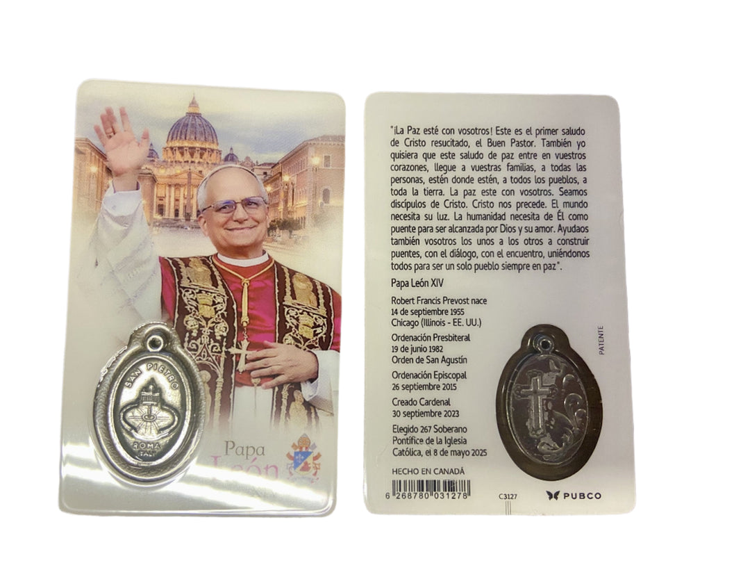 Papa Leon XIV Spanish Prayer Card with medal
